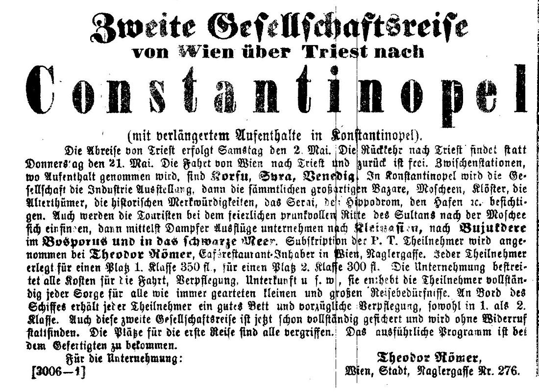 Annonce 2. Gesellschaftsreise Wiener Zeitung 20 März 1863 / © ANNO/ÖNB