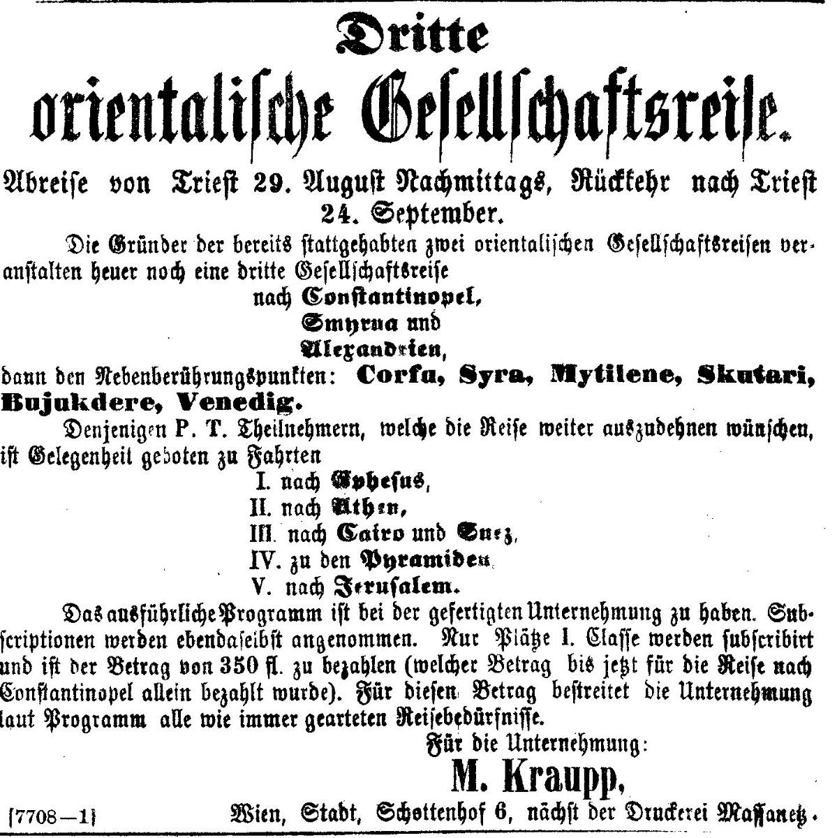 Annonce 3. Gesellschaftsreise Wiener Zeitung 21. Juli 1863 / © ANNO/ÖNB