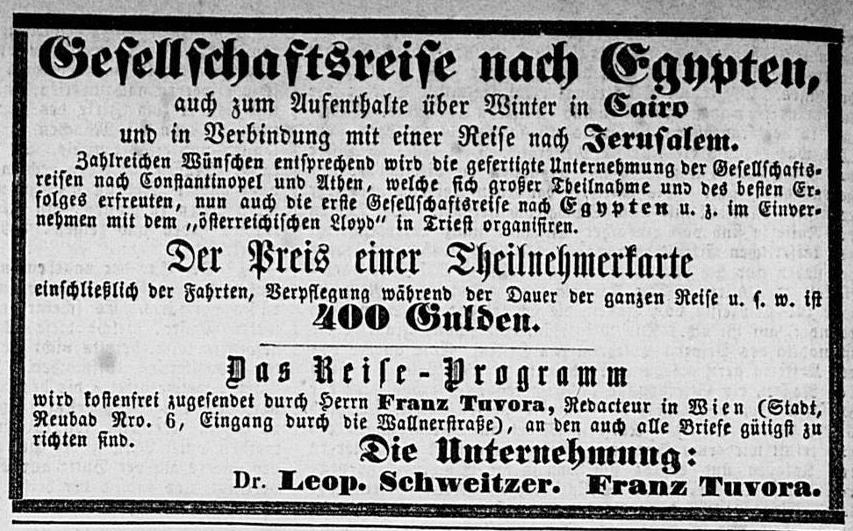 Annonce Gesellschaftsreise Ägypten Bonner Zeitung 56 25.9.1864 ©zeitpunkt.nrw/ULB Bonn