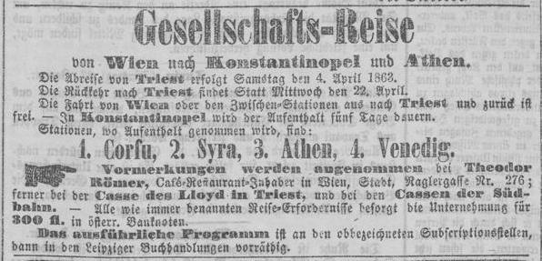 Annonce Gesellschaftsreise Kölnische Zeitung 30.1.1863 / ©zeitpunkt.nrw/ULB Bonn