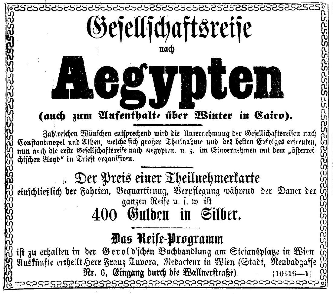 Annonce Gesellschaftsreise nach Ägypten Wiener Zeitung 8. September 1864 / © ANNO/ÖNB